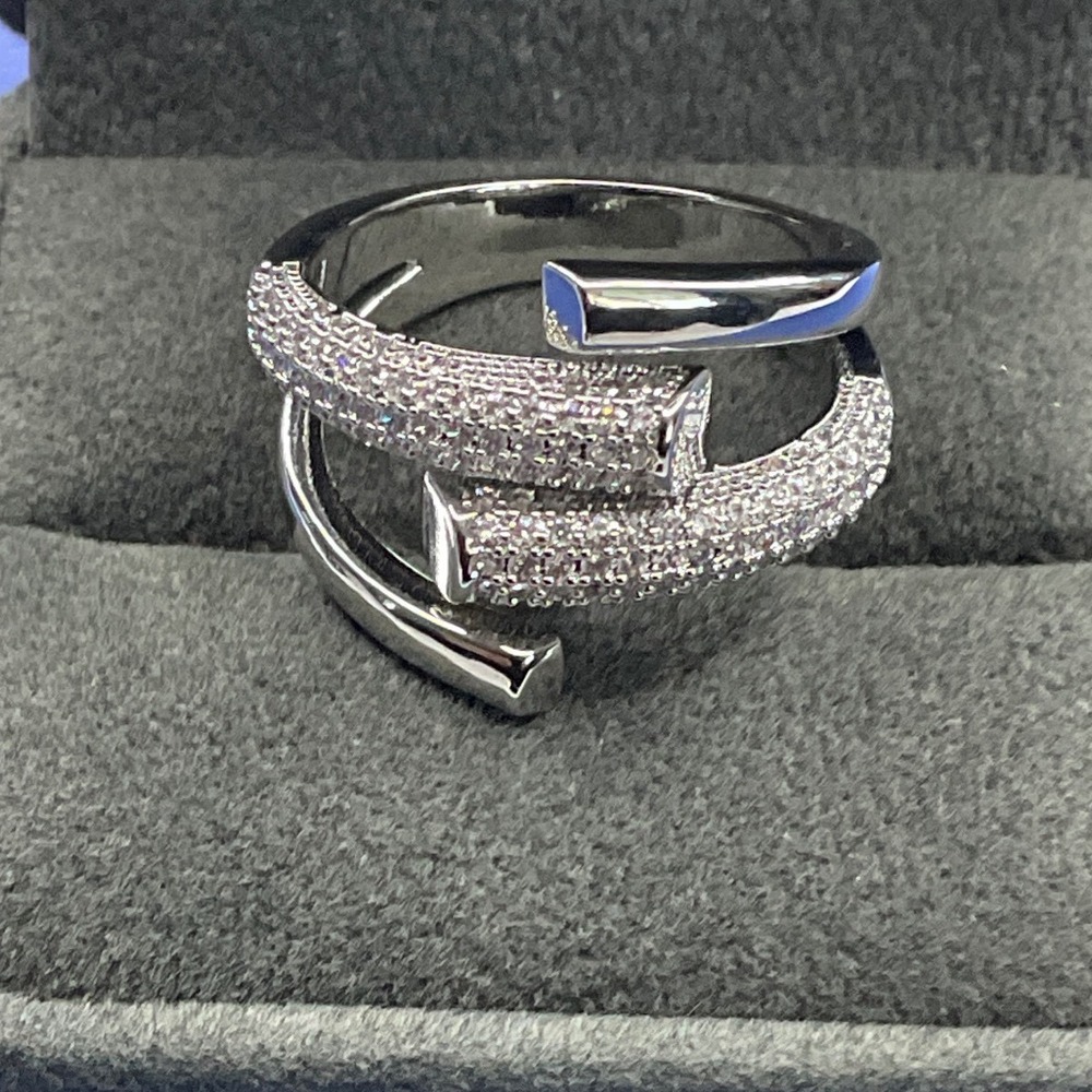 Ring Silver Tone Pave Crystal Multi-Band Bypass Statement Style New - Picture 2 of 4